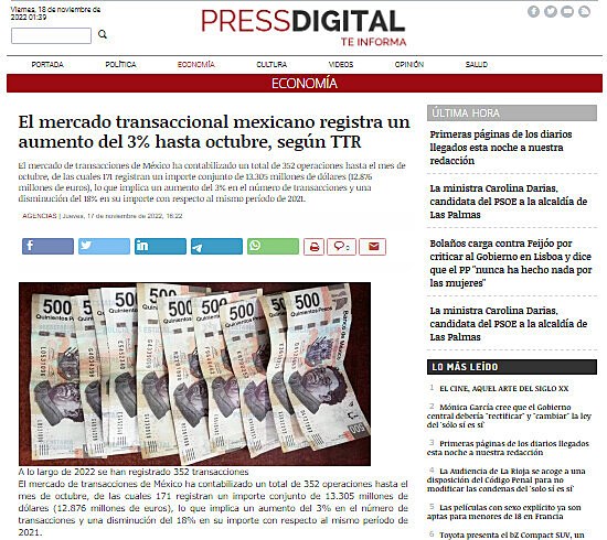 El mercado transaccional mexicano registra un aumento del 3% hasta octubre, segn TTR